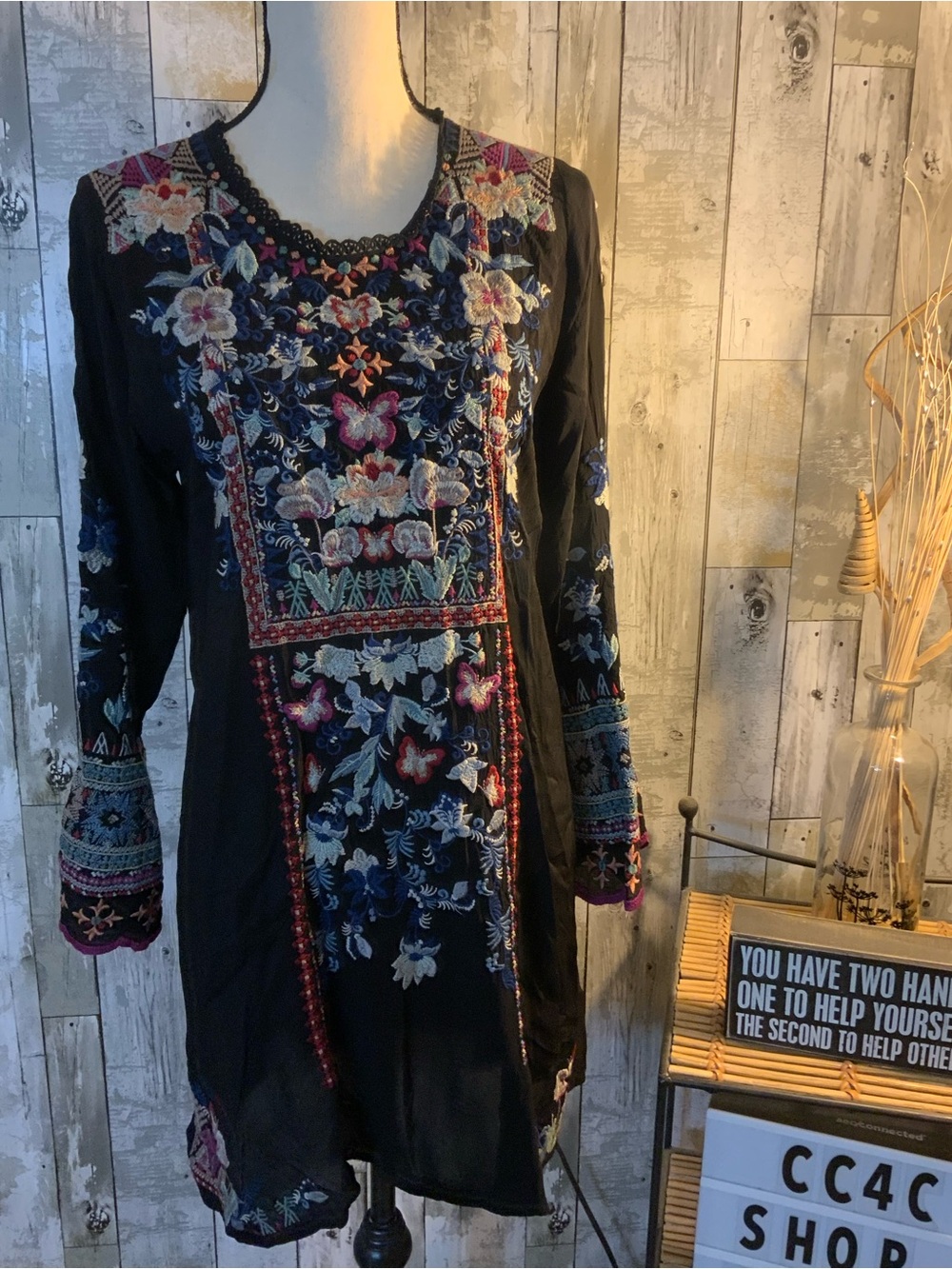 Johnny Was Black Tunic Dress with Multicolor Floral Embroidery